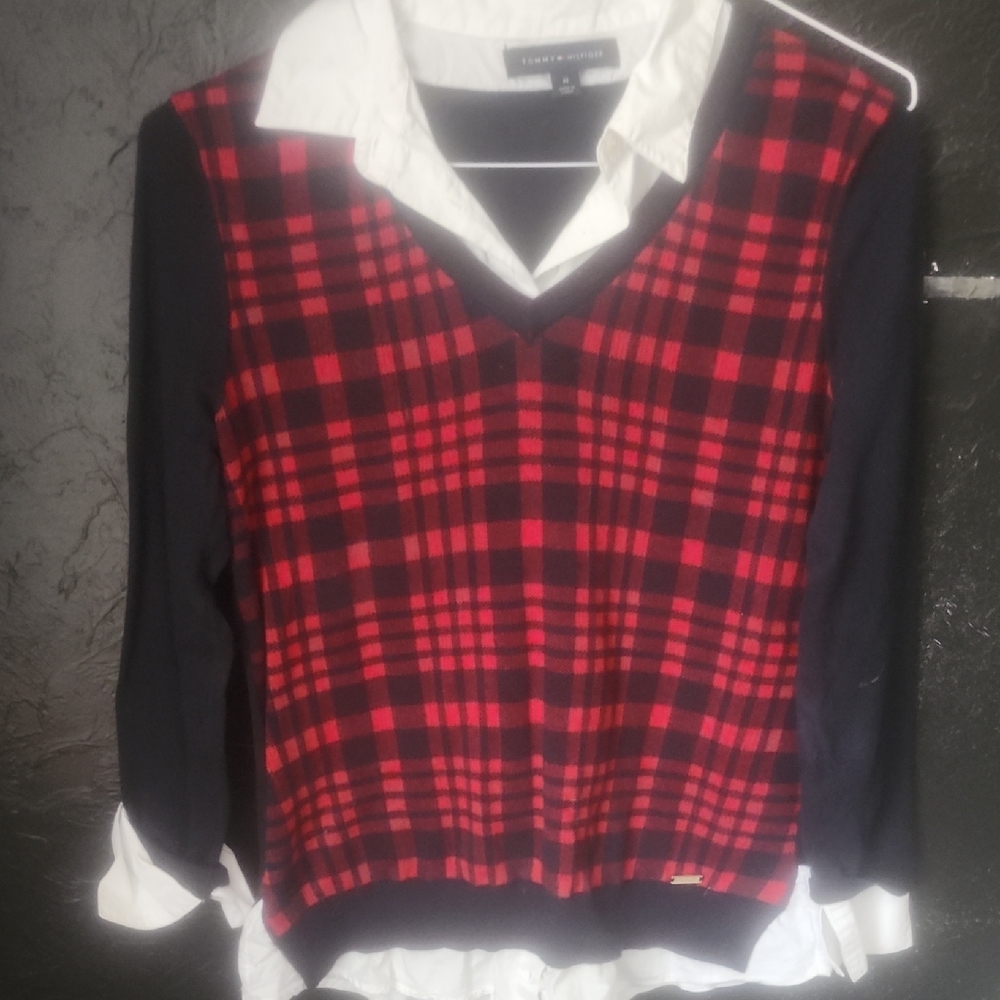 Tommy Hilfiger Women's Red and Black Plaid Button Down Shirt
